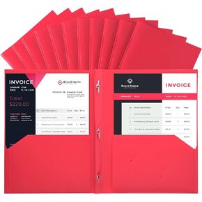 2-Pocket-Folders with 3 Prongs, Red Plastic Files with Pockets and Prongs, Pack of 12