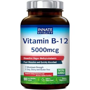 Innate Vitality Vitamin B12 5000mcg, Vegan Methylcobalamin, Fast Dissolve Tablets, Natural Peach Flavor, Supports Energy Production & Healthy Nervous System, 90 Tablets