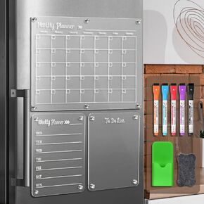 Acrylic Magnetic Dry Erase Board for Fridge，Set of 3 Transparent Planning Boards for Monthly Calendar, Weekly Calendar, Calendar，Includes 6 Dry Erase Markers, 1 Eraser and Magnetic Pen Holder