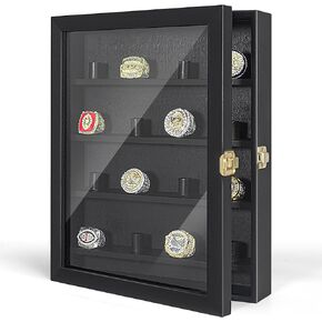 Championship Ring Display Case, 16 Posts Ring Display Case, 10 x 12 Wall Mount Shadow Box, Baseball Ring Holder, Black