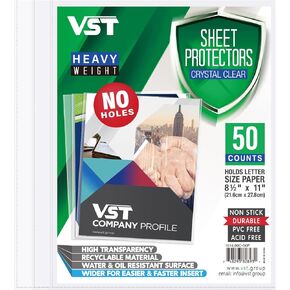 VST Clear Sheet Protectors No Holes 8.5 x 11 in Crystal Clear Page Protectors Heavy Duty Plastic Sleeves, Page Sleeves, Top Loading Paper Protector Acid Free, Letter Size, Dry Erase Pocket