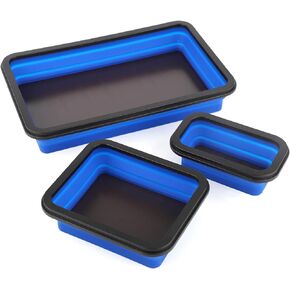 3pcs Collapsible Magnetic Parts Tray, 3 Sizes Magnetic Foldable Tray Insulating Silicone Magnetic Tool Tray for Mechanic's Folding Bowl & Magnetic Base for Bolts Screws Nuts Washers Pins(Blue)