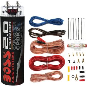 Boss Audio CPBK2 2 Farad 20-Volt LED Digital Voltage Car Audio Power Capacitor & Soundstorm AKS8 8 Gauge Car Amplifier Amp Complete Wiring Kit