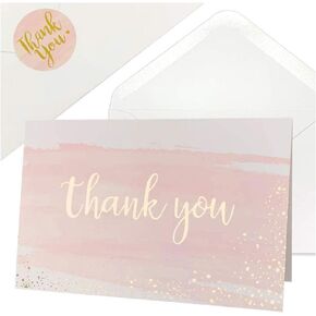 48-Pack Thank You Cards with Envelopes, With Gold Foil Watercolor & Pink Design, Prefer for Baby Shower, Wedding, Bridal Shower, Business& Any Occasion