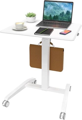 Mobile Standing Desk, Height Adjustable Rolling Laptop Desk with Cup Holder, 27 inches Portable Sit Stand Desk with Wheels and Hook, Pneumatic Computer Table, Black in Saudi Arabia