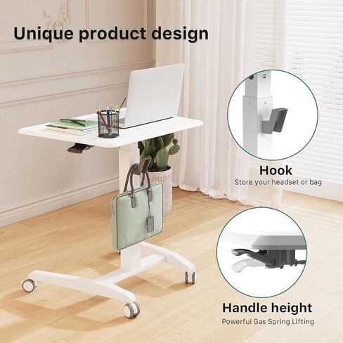 Mobile Standing Desk, Height Adjustable Rolling Laptop Desk with Cup Holder, 27 inches Portable Sit Stand Desk with Wheels and Hook, Pneumatic Computer Table, Black in Saudi Arabia