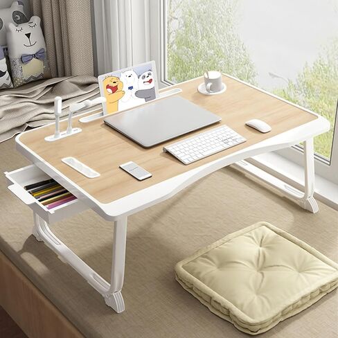 Laptop Desk for Bed, Laptop Bed Tray Table with Storage Drawer and Cup Holder, Laptop Bed Desk Tray with USB Charge Port, Foldable Bed Table for Writing Working Reading (Yellow) in Saudi Arabia