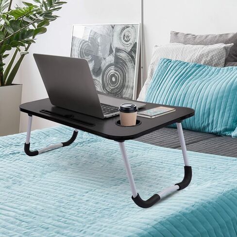 Hossejoy Foldable Laptop Table, Breakfast Serving Bed Tray, Lap Desk with Foldable Leg & Tablet Phone Groove & Cup Slot for Reading Writing Eating on Bed Couch Sofa Floor (Black) in Kuwait