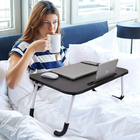 Hossejoy Foldable Laptop Table, Breakfast Serving Bed Tray, Lap Desk with Foldable Leg & Tablet Phone Groove & Cup Slot for Reading Writing Eating on Bed Couch Sofa Floor (Black) in Kuwait