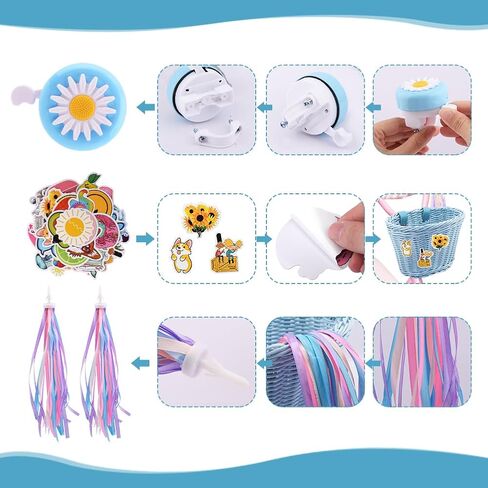 مجموعة سلال دراجات الأطفال، سلة دراجة للأطفال بمقبض أمامي مع أشرطة قابلة للتعديل مع ملصقات شرابات ملونة على شكل جرس دراجة ديزي، مجموعة تزيين الدراجة DIY للأطفال الأولاد والبنات in Kuwait