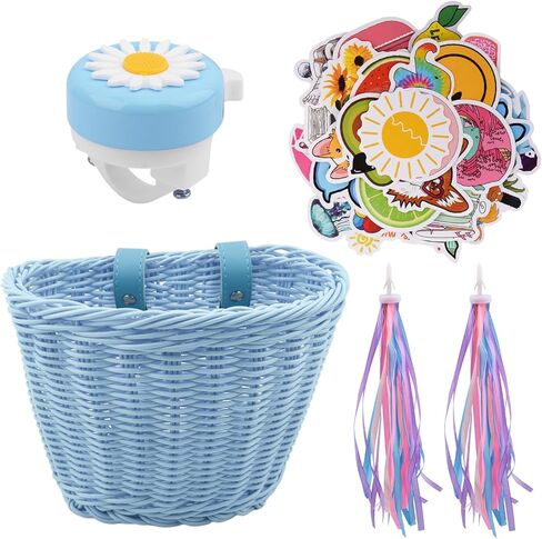 مجموعة سلال دراجات الأطفال، سلة دراجة للأطفال بمقبض أمامي مع أشرطة قابلة للتعديل مع ملصقات شرابات ملونة على شكل جرس دراجة ديزي، مجموعة تزيين الدراجة DIY للأطفال الأولاد والبنات in Kuwait