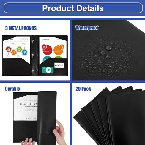 EOOUT 20 حزمة مجلدات بلاستيكية مع جيوب وشوكات، مجلدات سوداء مع جيوب وشوكات، مجلدات بلاستيكية مع جيوب، مجلدات للمكتب والمدرسة، حجم الرسالة in Saudi Arabia
