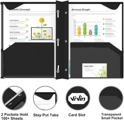 ViVin 6-Pack Heavy Duty Pocket Folder with Prongs, Two-Pockets Plastic Folder, with Clear Front Pocket and Stay-Put Tabs, Hold US Letter Size Page, for Office and School - Purple in Saudi Arabia