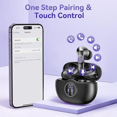 سماعات أذن لاسلكية تعمل لمدة 50 ساعة، سماعات أذن بلوتوث مدمجة بميكروفون لإلغاء الضوضاء مع علبة شحن، سماعات رأس بلوتوث مع صوت ستيريو، سماعات أذن مقاومة للماء IPX7 لهواتف iPhone وAndroid in Kuwait