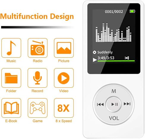 MP3 Player with Bluetooth Portable Music Player with 32GB,Supports Photos/Video Play/FM Radio/Voice Recorder/E-Book Reader,Music Player with HD Speaker,1.8" Screen Supports up to 128GB-White in Kuwait
