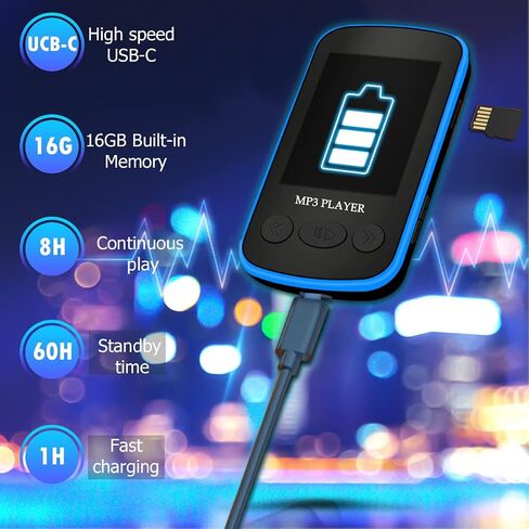 مشغل MP3 بمشبك سعة 16 جيجابايت مع بلوتوث 5.0 - مشغل موسيقى رقمي محمول pebuwet مشغل MP3 MP4 مع مشبك للأطفال مع USB-C للرياضة والجري ومشغل Walkman صغير الحجم وخفيف الوزن يمكن ارتداؤه in Saudi Arabia