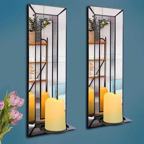 Wall Candle Holder Set of 2, Rectangle Mirrored Candle Sconces Mosaic Crystal Glass Wall Sconce, Silver Mirror Wall Decorations for Bedroom, Living Room, Bathroom, Dining Room in Kuwait