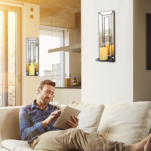 Wall Candle Holder Set of 2, Rectangle Mirrored Candle Sconces Mosaic Crystal Glass Wall Sconce, Silver Mirror Wall Decorations for Bedroom, Living Room, Bathroom, Dining Room in Kuwait