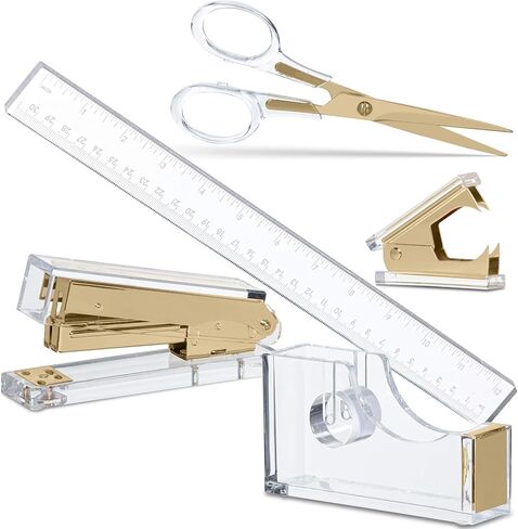 Gold Acrylic Lucite Bundle | Premium Stapler, Tape Dispenser, Scissors, Staple Remover, & Ruler | Clear Stationery & Desk Accessories for Everyday Office Needs | Modern, High End, Chic, Luxury Goods in Saudi Arabia