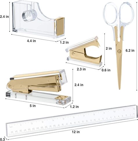 Gold Acrylic Lucite Bundle | Premium Stapler, Tape Dispenser, Scissors, Staple Remover, & Ruler | Clear Stationery & Desk Accessories for Everyday Office Needs | Modern, High End, Chic, Luxury Goods in Saudi Arabia