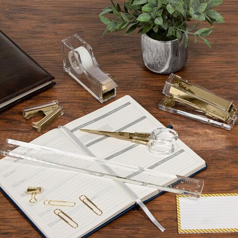 Gold Acrylic Lucite Bundle | Premium Stapler, Tape Dispenser, Scissors, Staple Remover, & Ruler | Clear Stationery & Desk Accessories for Everyday Office Needs | Modern, High End, Chic, Luxury Goods in Saudi Arabia