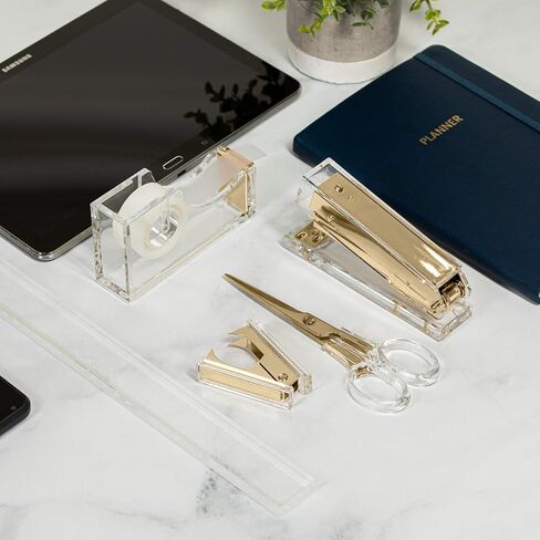Gold Acrylic Lucite Bundle | Premium Stapler, Tape Dispenser, Scissors, Staple Remover, & Ruler | Clear Stationery & Desk Accessories for Everyday Office Needs | Modern, High End, Chic, Luxury Goods in Saudi Arabia