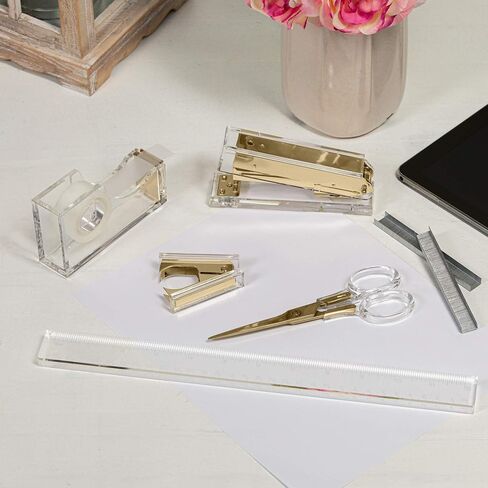 Gold Acrylic Lucite Bundle | Premium Stapler, Tape Dispenser, Scissors, Staple Remover, & Ruler | Clear Stationery & Desk Accessories for Everyday Office Needs | Modern, High End, Chic, Luxury Goods in Saudi Arabia