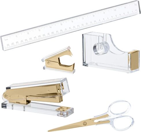 Gold Acrylic Lucite Bundle | Premium Stapler, Tape Dispenser, Scissors, Staple Remover, & Ruler | Clear Stationery & Desk Accessories for Everyday Office Needs | Modern, High End, Chic, Luxury Goods in Saudi Arabia