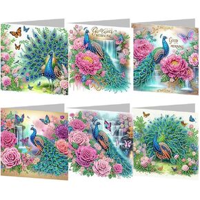 Pigpigboss 6 Packs Peacock Diamond Painting Greeting Card Kit - Modern DIY Art Craft Kit for Adults - Foldable, 5.9 inches x 5.9 inches, All Seasons, Bird, Peacock Theme