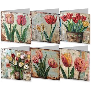 JBTM24 6 Packs Diamond Painting Greeting Cards Kits for Adults, Diamond Art Holiday Card with Envelopes, DIY Card Making Kits for Birthday Valentine's Day Mother's Day Thanksgiving, Tulips
