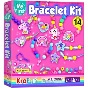 KRAFUN My First Unicorn Bracelet Craft Kit for Beginner Kids Arts & Crafts, 14 Easy DIY Projects Activities of Friendship Bracelets, Charms, Gem Sticker & Beads, Instructions, Gift for Girls