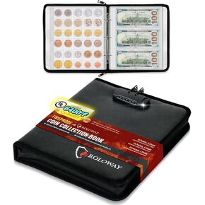 Roloway Coin Collection Book 6400 ℉ حرارة معزولة ، 360 جيوب حامل الكتب عملة مقاومة للحريق و 36 ألبوم عملة ورقية مع طبقة رقائق الألومنيوم ، وتوفير النقود كتاب جامع العملة مع قفل (أسود)