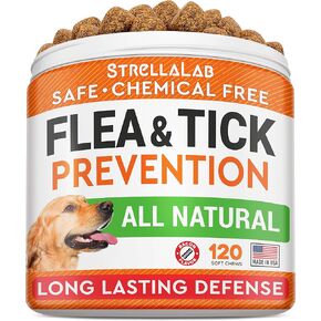 STRELLALAB Natural Flea and Tick Prevention Chews for Dogs - Chewable Tablets for Dogs - All Breeds and Ages - Made in USA Flea and Tick Remover Supplement - Bacon - 120 Treats