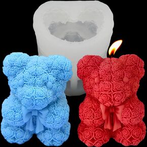 3D Rose Bear Silicone Molds Candle Making Molds Valentine's Day Silicone Molds Bear Silicone Mold Resin Silicone Molds for Women Gifts,Birthday,Mother,Wedding Gifts and Window Display(Small bear(Bow))