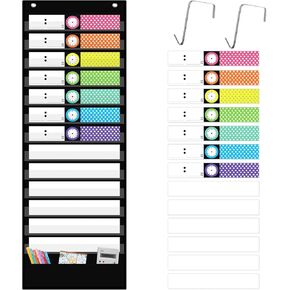 13+1 Pockets Daily Schedule Pocket Chart, Classroom Pocket Chart with 7 Colored + 6 Blank Reusable Cards, 2 Door Hooks, Scheduling Pocket Chart for Classroom Office Home Preschool Learning(Black)
