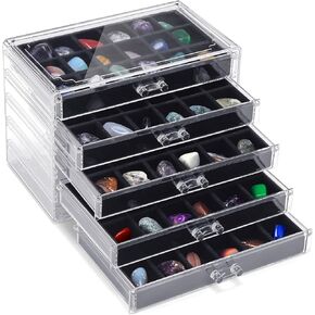 Misdary 90 Grid Rock Display Case Clear Acrylic Collection Box for Kids 5 Drawers Velvet Insert Rock Storage Box Display Cases for Collectibles Crystal Display Shadow Boxes Display Cases (Black)