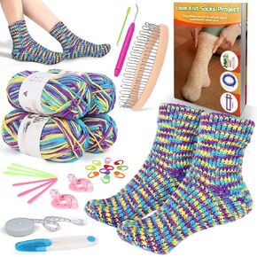 Coopay Sock Loom Knitting Kit for Beginners, Knitting Loom Set with 4 Yarn, Easy-to-Follow Instructions, Learn to Knitting Sock for Adults, Fantastic DIY Gifts Knit Hat, Pink Green Yellow