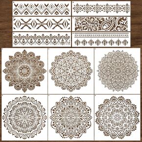 Large Mandala Stencil for Painting on Wood - 12 Pcs Floral Border Reusable Painting Stencil for Wardrobe Decor, Mandala Flower Mexican Aztec Art Template DIY Home Home Wooden Furniture Decoration