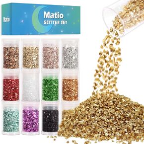 Matio 12 Jar Crushed Irregular Glass,4.23oz/ 120g Broken Glass Assorted Color Metallic Crystal Chips 10g Each,2-4mm Craft Chunky Glitter Flakes Sequins for Resin Art,Nails,Jewelry Making,Resin Fillers