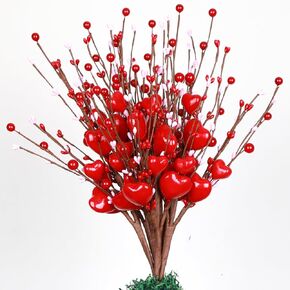 عيد الحب Day Tree Topper Decorations ، 6 PCS Valentine Floral يختار الزهور الاصطناعية مع قلب أحمر وتوت وردي لـ Galentines Day Tree الحلي الزفاف حفل زفاف حفلة المنزل