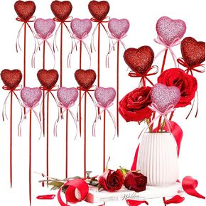 12Pcs Valentine's Day Glitter Red Pink Puffy Heart Picks Foam Heart Picks Sparkly Sticks for Wedding Flower Arrangements Floral Bouquet Home Holiday Party Crafts Supplies Decorations