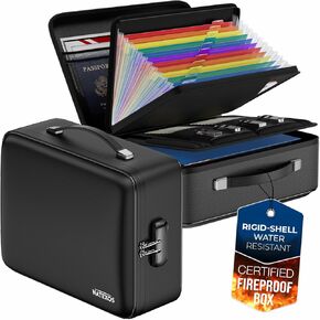 Fireproof Document Box - UL94 VTM-0 Certified, 5200℉ Important Document Storage, Water Resistant Rigid-Shell, Metal Zipper, 3-Digit Lock, Portable Fire Safe Document Box, File Organizer, Black