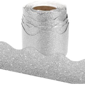 65.6Ft Silver Glitter Bulletin Board Border, Silver Scalloped Bulletin Board Trims Adhesive Shiny Decorative Bulletin Board Trim Christmas Glitter Border for Classroom School Home Office Decor