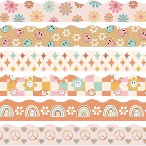 Boho Bulletin Board Borders Retro Classroom Decorations, 84Ft Groovy Bulletin Board Border Daisy Floral Rainbow Decor Colorful Scalloped Trim Border for Teacher School Supplies Classroom Decor