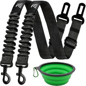 Dog Seat Belt Set, 2 Pack Retractable Dog Car Harness with Shock Absorbing Bungee, 360° Swivel Clip & Collapsible Water Bowl with Lid for Safe Pet Travel