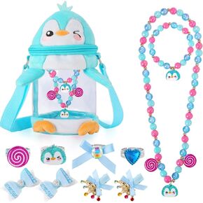 PinkSheep Penguin Gifts for kids Christmas Toy Jewelry for Little Girls: 11 Pack Cute Necklace Bracelet Ring Play Purse Dress up for Girls, 3-6 Year Old Girl Birthday Gifts