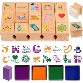 HOWAF Ramadan Eid Stamps Crafts Eid Party Favour,16 Wooden Stamps Ink Pads Set Eid Card DIY Painting Scrapbooking Islamic Craft Gifts Activities Ramadan Mubarak Party Bag Fillers Decoration Supplies