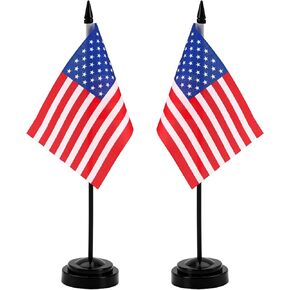 USA Desk Flags Set 4 X 6 Inch Small American Flag Mini Small USA Table Office Flags With 12Inch Solid Pole Black Base Vivid Colors and Fade Resistant Mini Desktop Flag for Home Outdoor Decoration Office Decoration Festival Celebrations(2 Pack)