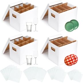 4 Sets Kitchen Moving Boxes with Divider Kits for Dish Glassware Wine Glass Packing Box with Handle Included 15 x 12 x 10 Inch 2 Cup Box, 2 Plate Box, 20 Corrugate Dividers, 36 Foam Pouches