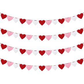 XIANMU 4 Pack Felt Heart Banner Pre-Strung Valentine’s Day Garland Banner Heart Decorations for Anniversary Wedding Birthday Party Mother's Day Decorations - Red White Pink